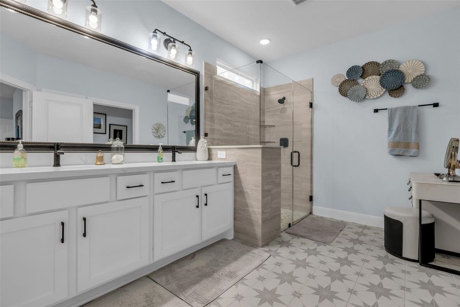 Modern primary bathroom with double vanities and luxurious curbless shower. Modern primary bathroom with double vanities and luxurious curbless shower.