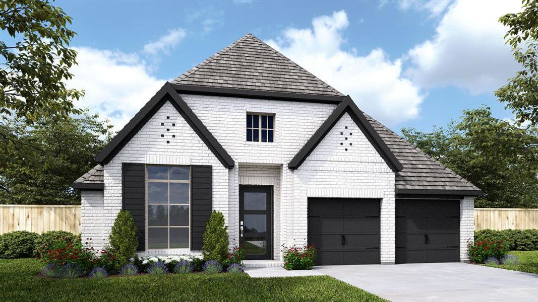 View of front of property featuring a garage and a front lawn