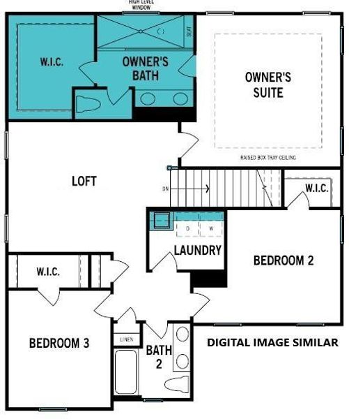 Upper Level includes the upgrades shaded in blue - Owners Suite Spa Bathroom and Expanded Walk-In Closet, Laundry Room Cabinets and Sink, and Enhanced Side Elevation and Added Windows (DIGITAL IMAGE SIMILAR) Upper Level includes the upgrades shaded in blue - Owners Suite Spa Bathroom and Expanded Walk-In Closet, Laundry Room Cabinets and Sink, and Enhanced Side Elevation and Added Windows (DIGITAL IMAGE SIMILAR)