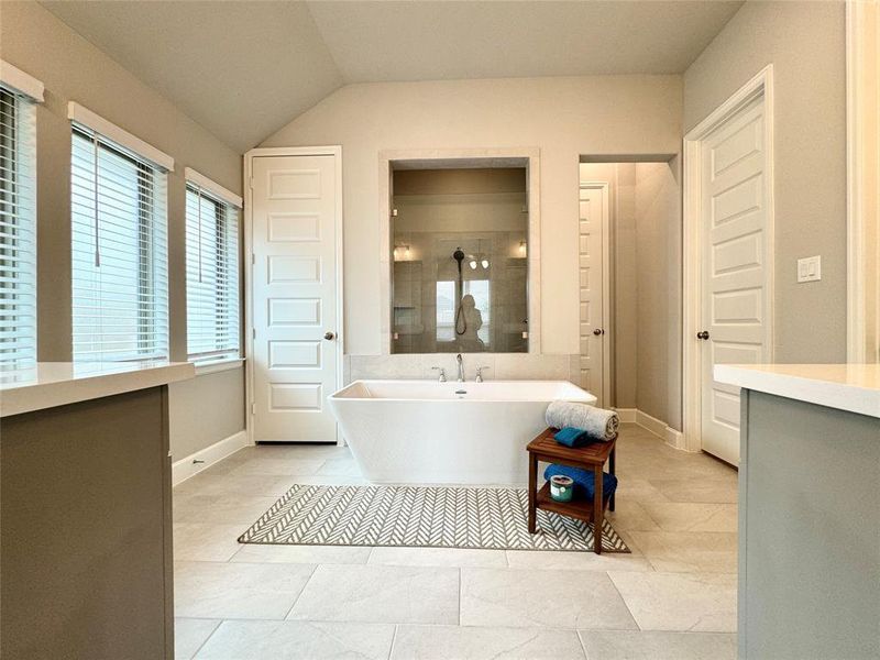 Primary bath with dual vanities, contemporary slipper, tub, and large separate shower