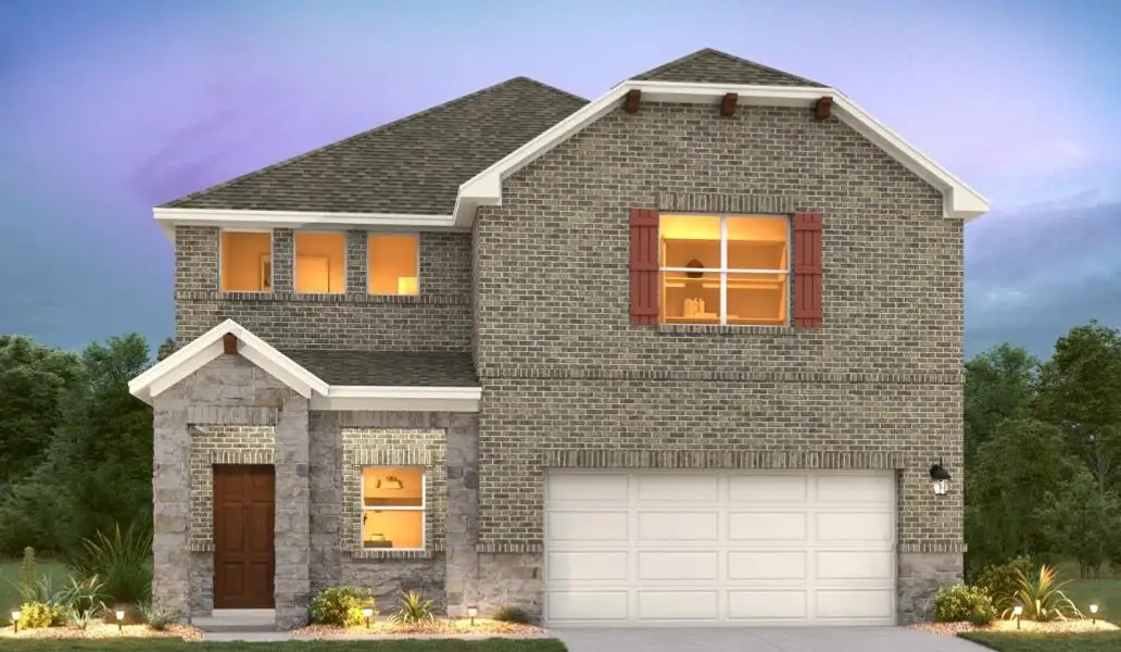 Front exterior of a new home in Berry Creek Highlands, Georgetown, TX, highlighting curb appeal (Image 1).