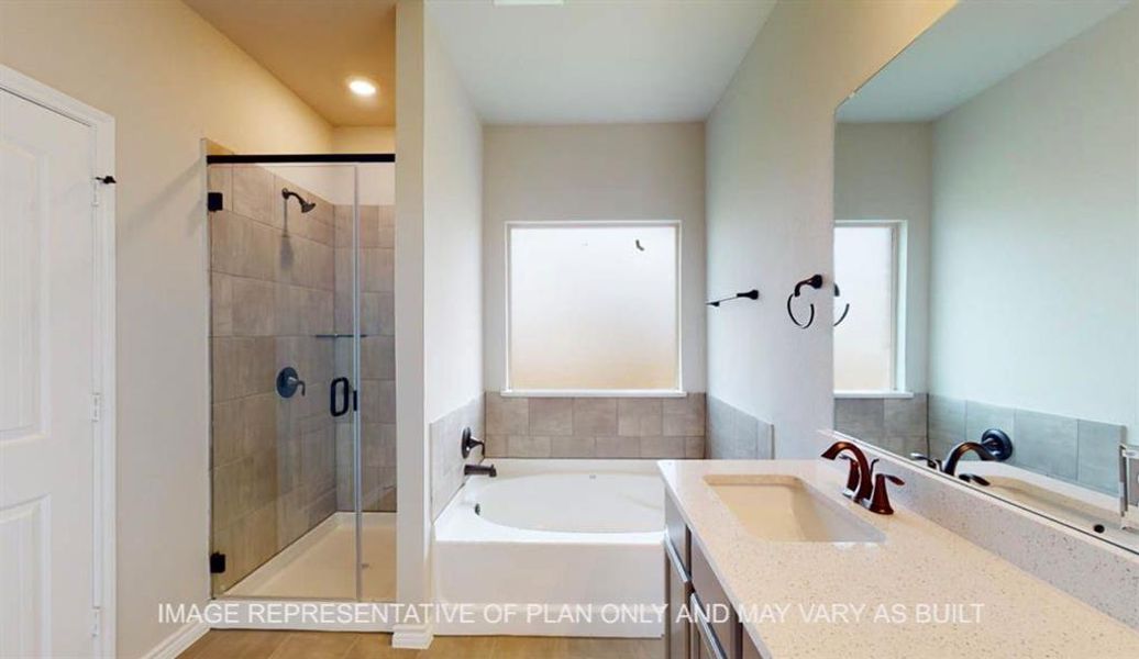 Full bathroom with vanity, a garden tub, and a shower stall Full bathroom with vanity, a garden tub, and a shower stall