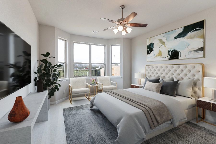 Primary bedroom. Note: Sample product photo - actual exterior and interior selections may vary by homesite