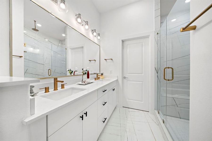 Riverway Homes uses beautiful finishes throughout.  Your master bath, boasts floor to ceiling designer tile, a large, walk-in shower, huge, soaking tub, and a rain shower head.