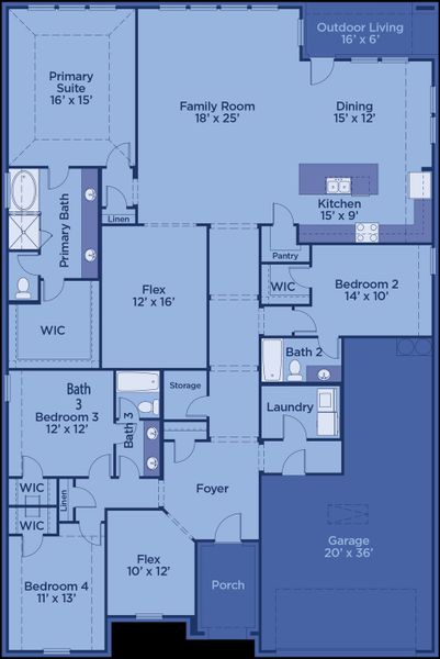 2D floor plan layout for the Jackson by UnionMain Homes in Cambridge Crossing, Celina, TX (Image 5).