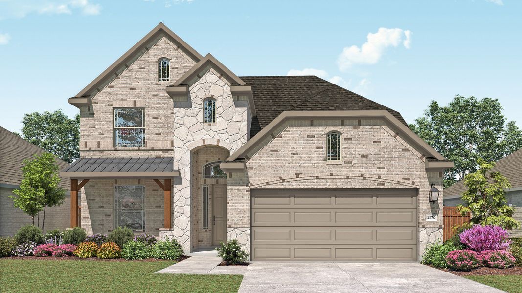 Representative exterior photo of a completed home built from the Hickory by DRB Homes in Parkside on the River, Georgetown, TX (Image 5). Representative exterior photo of a completed home built from the Hickory by DRB Homes in Parkside on the River, Georgetown, TX (Image 5).