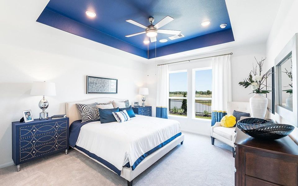 Bedroom with a raised ceiling, carpet, and baseboards Bedroom with a raised ceiling, carpet, and baseboards