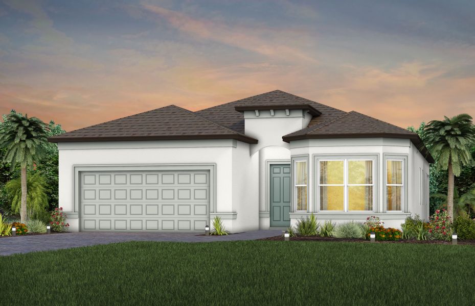 Front exterior of a new home in Del Webb Sunchase, Parrish, FL, highlighting curb appeal (Image 1). Front exterior of a new home in Del Webb Sunchase, Parrish, FL, highlighting curb appeal (Image 1).