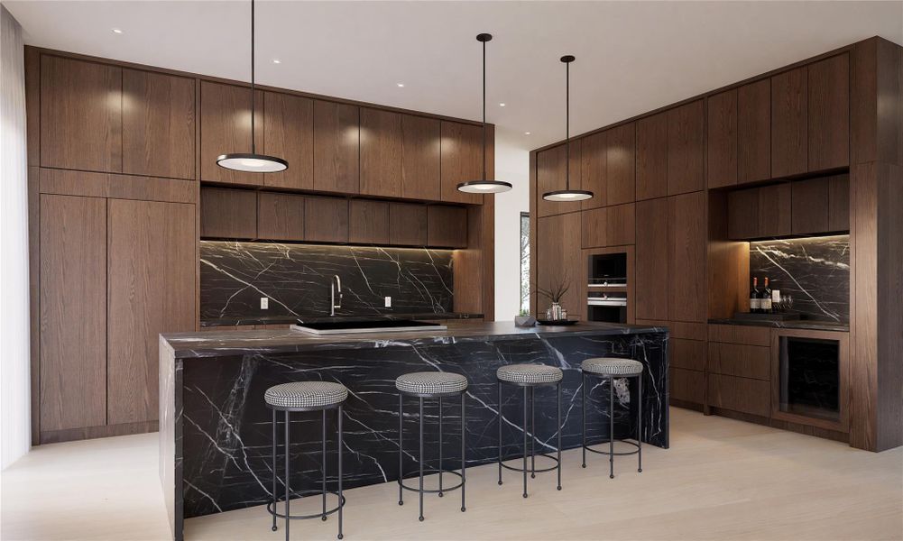 Kitchen featuring a center island, pendant lighting, a kitchen breakfast bar, light wood-style flooring, and oven