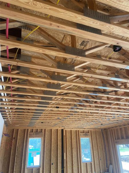 Engineered floor trusses at 16" centers...no floor squeaks here.