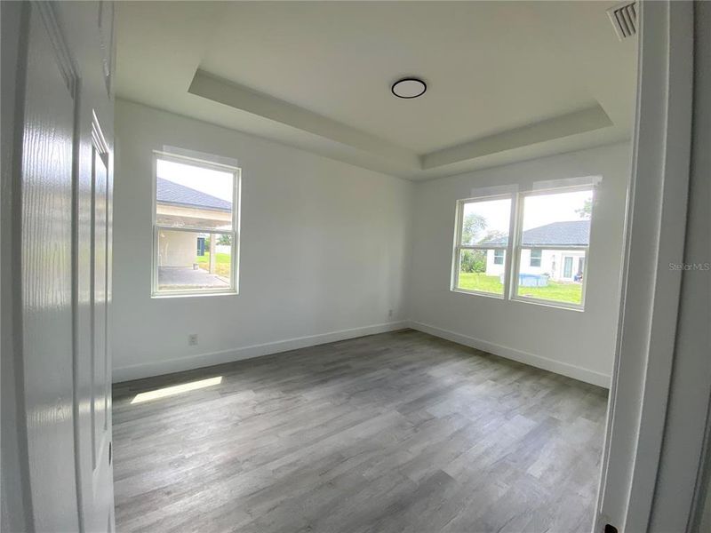 master bedroom with trey ceiling