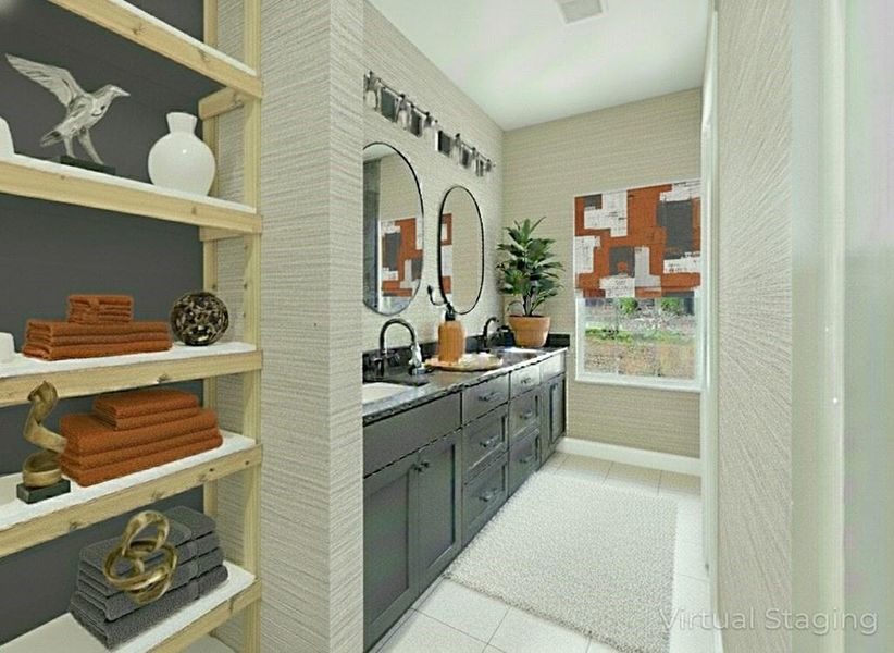 After Photo featuring wallpapered walls, light tile patterned floors, open shelves, and gray cabinets