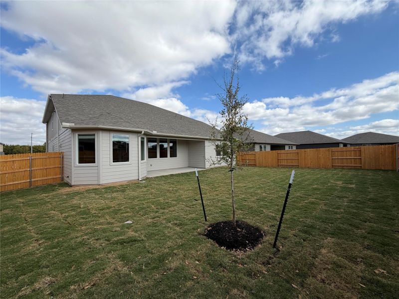 Rear view of property featuring a fenced backyard, a patio, and roof with shingles
