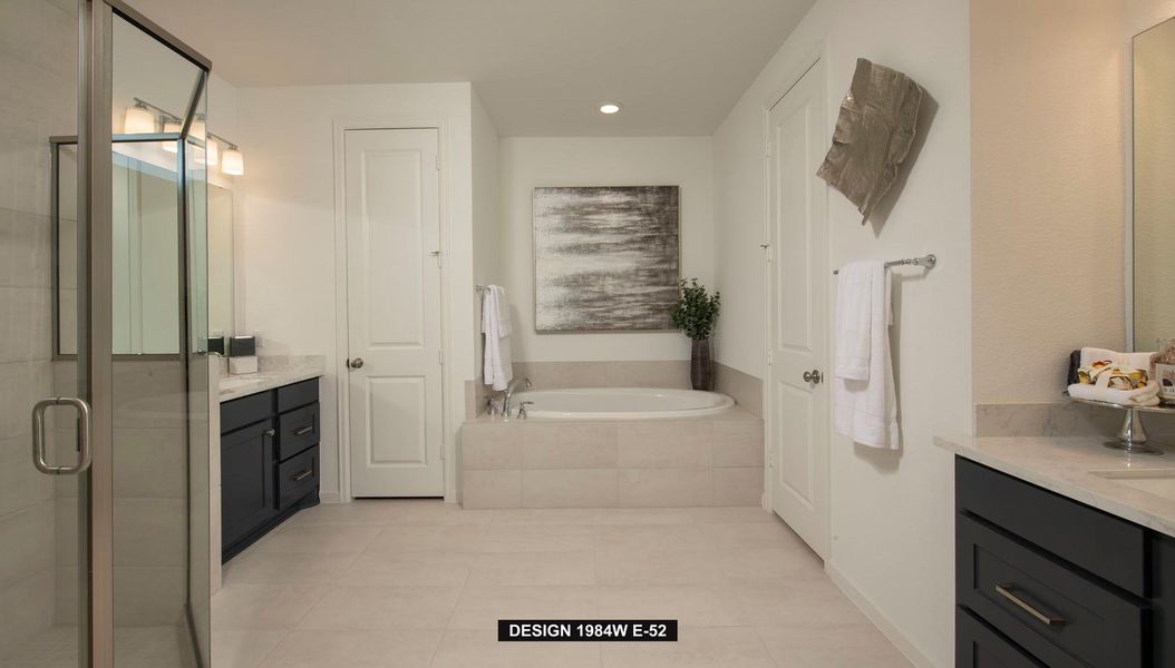 Bathroom with vanity, a stall shower, a bath, light tile patterned floors, and recessed lighting