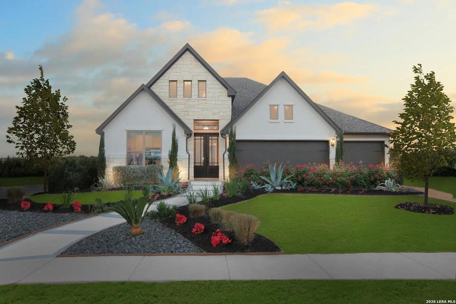 Front exterior of a new home in Legacy at Lake Dunlap, New Braunfels, TX, highlighting curb appeal (Image 1). Front exterior of a new home in Legacy at Lake Dunlap, New Braunfels, TX, highlighting curb appeal (Image 1).