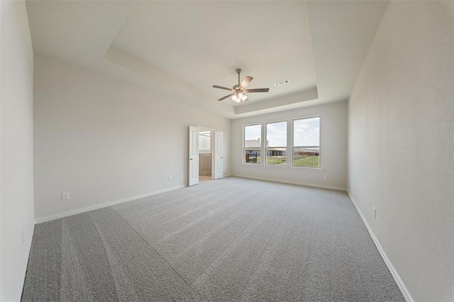 Carpeted spare room featuring a tray ceiling and a ceiling fan