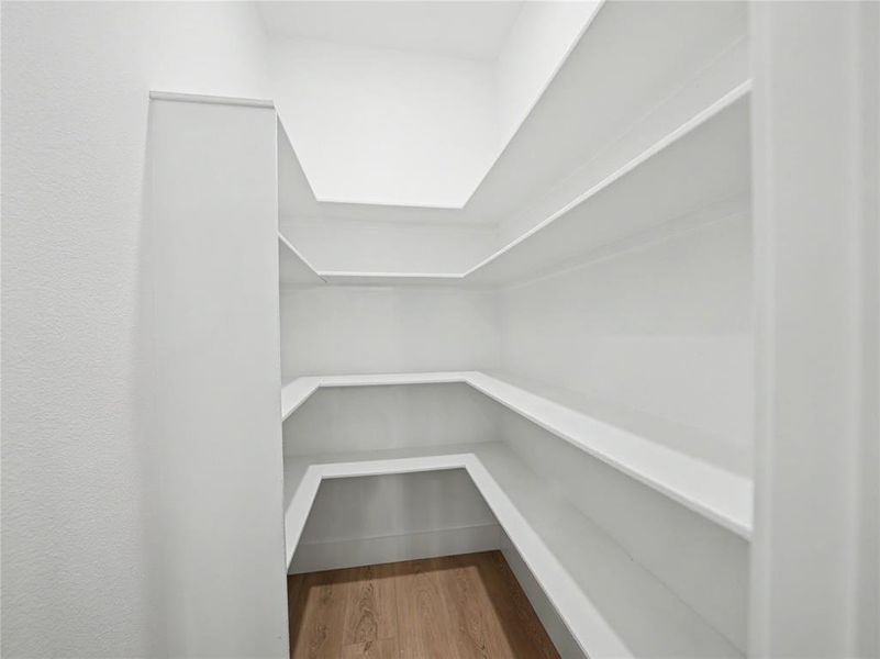 Spacious pantry featuring multiple tiers of built-in shelving, white walls, and wood-finish flooring Spacious pantry featuring multiple tiers of built-in shelving, white walls, and wood-finish flooring