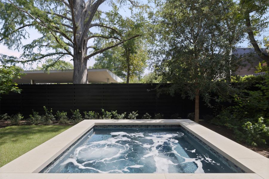 Mature trees and a privacy fence surround this modern in-ground spa. Mature trees and a privacy fence surround this modern in-ground spa.