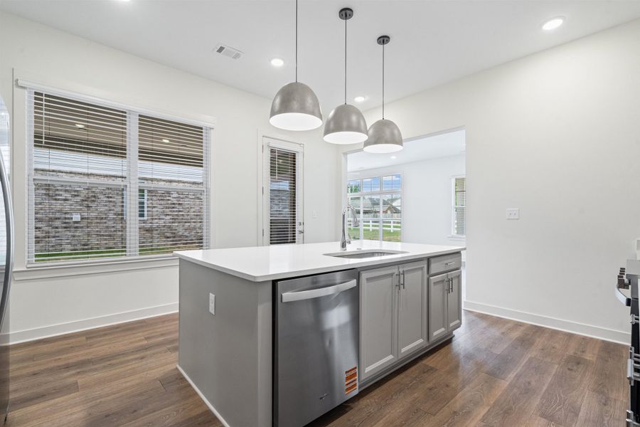 Kitchen featuring gray cabinets, pendant lighting, stainless steel dishwasher, a kitchen island with sink, and dark wood finished floors