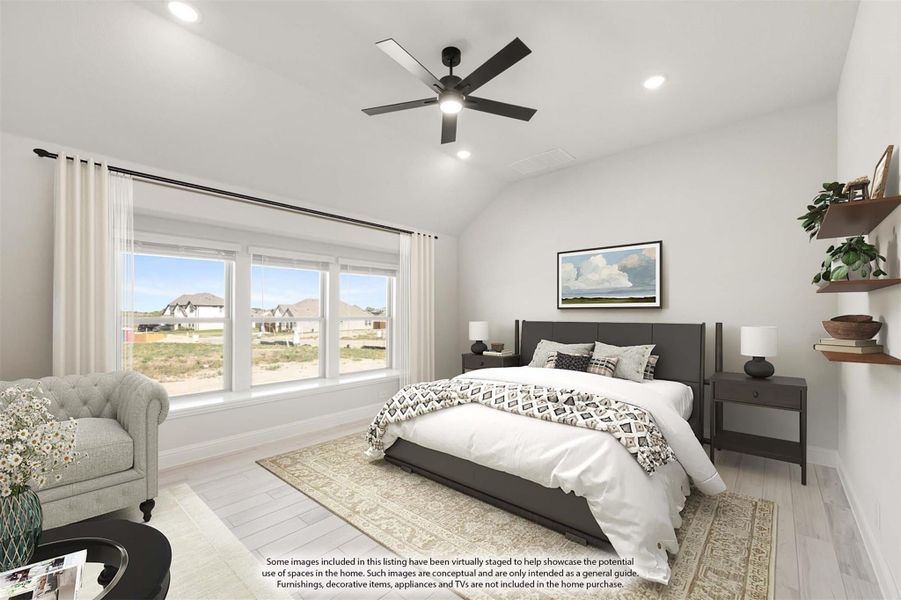 Bedroom with vaulted ceiling, ceiling fan, large windows, and light wood floors Bedroom with vaulted ceiling, ceiling fan, large windows, and light wood floors