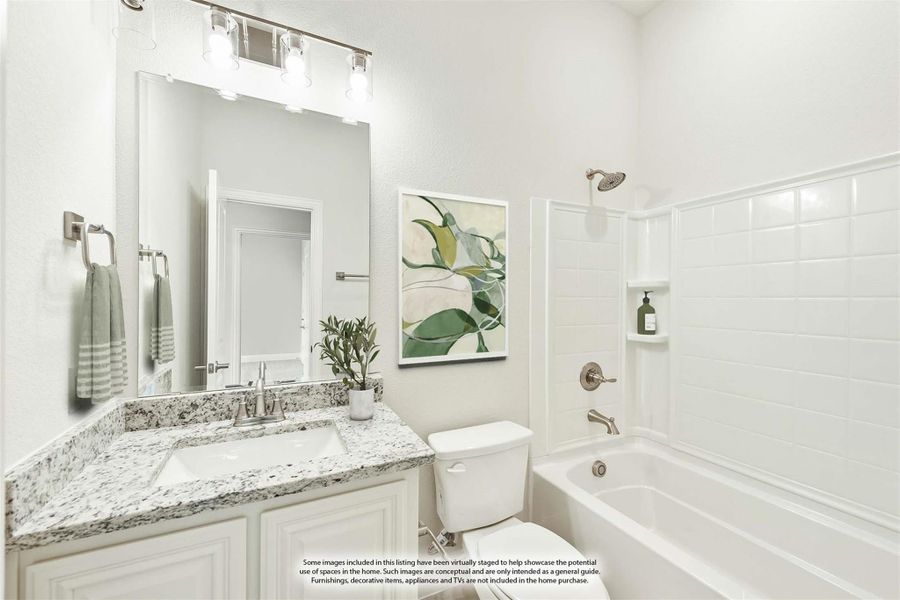 Bathroom with granite countertop vanity, white tile tub-shower combo, and large mirror with overhead lighting Bathroom with granite countertop vanity, white tile tub-shower combo, and large mirror with overhead lighting