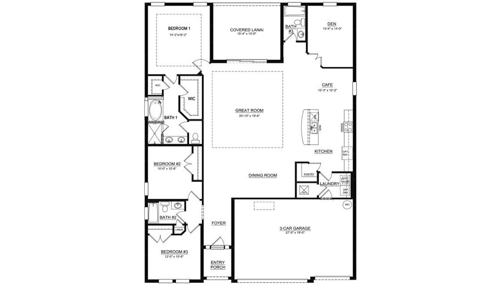 2D floor plan layout for the Destin by D.R. Horton in Cape Coral Spot - Tradition, Cape Coral, FL (Image 3).