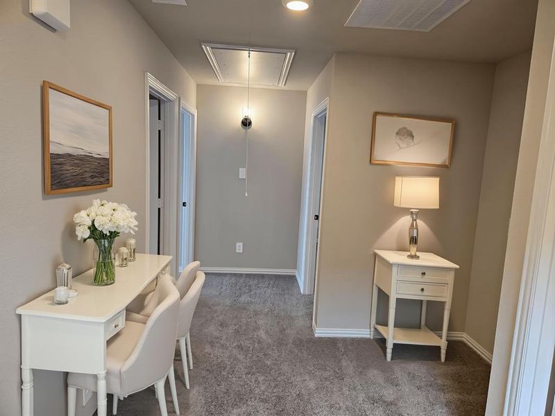 Office space with attic access, carpet floors, and recessed lighting Office space with attic access, carpet floors, and recessed lighting