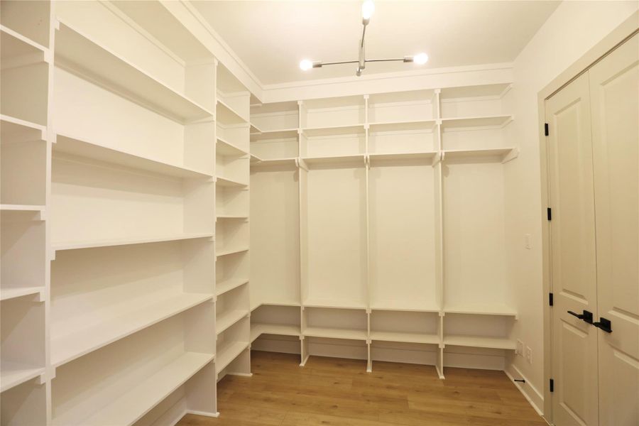The primary suite closet boasts floor-to-ceiling custom carpentry, with a shelved area designed to showcase your shoe collection, including space for cowboy boots. The upper shelves offer the perfect spot for displaying hats or bags, blending both functionality and style. A beautiful chandelier adds an elegant warmth to the room. The primary suite closet boasts floor-to-ceiling custom carpentry, with a shelved area designed to showcase your shoe collection, including space for cowboy boots. The upper shelves offer the perfect spot for displaying hats or bags, blending both functionality and style. A beautiful chandelier adds an elegant warmth to the room.