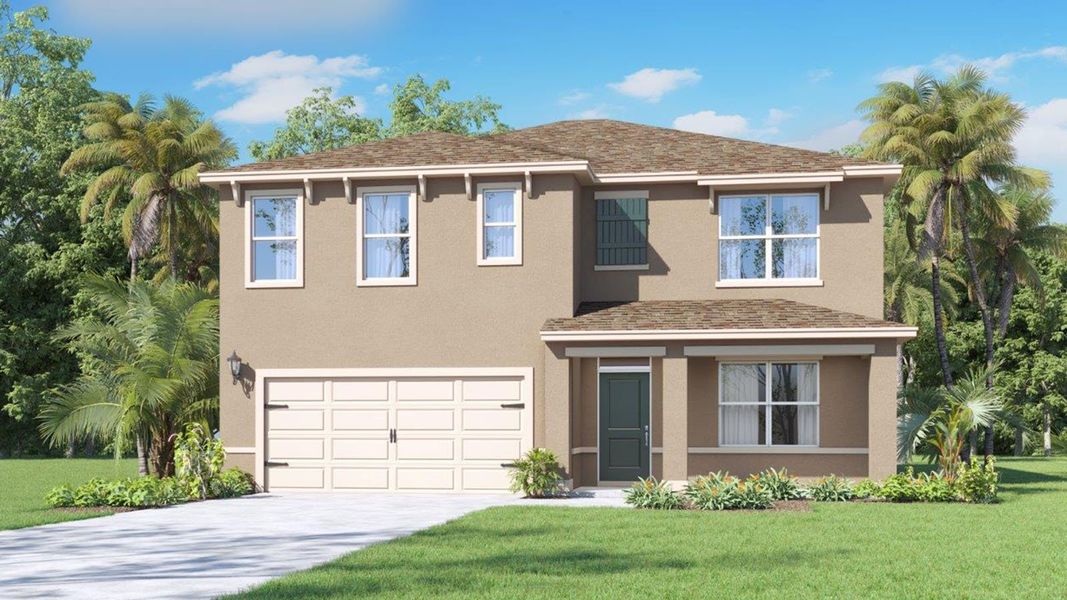 Front exterior of a new home in Harmony at Lake Eloise, Winter Haven, FL, highlighting curb appeal (Image 2). Front exterior of a new home in Harmony at Lake Eloise, Winter Haven, FL, highlighting curb appeal (Image 2).