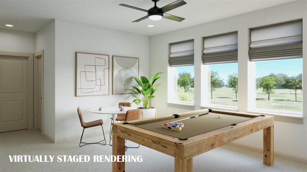 A wall of windows floods your new game room with natural light. VIRTUALLY STAGED RENDERING A wall of windows floods your new game room with natural light. VIRTUALLY STAGED RENDERING
