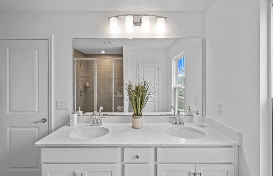 Owner's Bath with Dual Bowl Vanity and Walk-In Shower