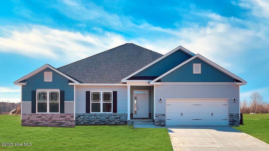 Front exterior of a new home in Windfield, Grimesland, NC, highlighting curb appeal (Image 1).