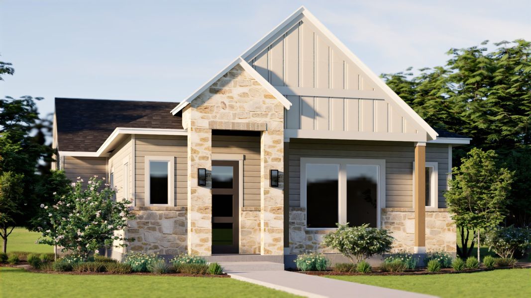 Representative exterior photo of a completed home built from the Acadia by Pacesetter Homes in Easton Park, Austin, TX (Image 4). Representative exterior photo of a completed home built from the Acadia by Pacesetter Homes in Easton Park, Austin, TX (Image 4).