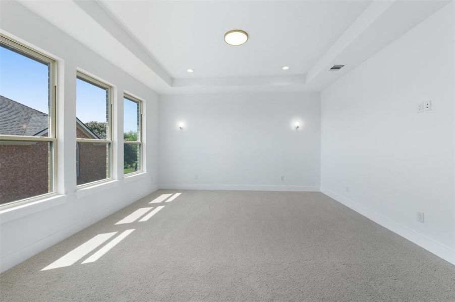 Unfurnished room with a raised ceiling, carpet, and recessed lighting