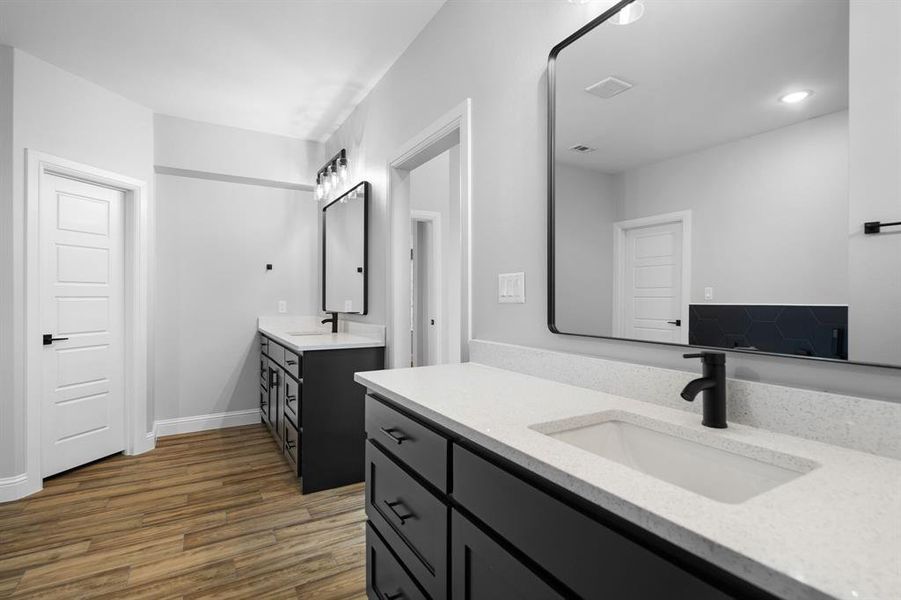 Bathroom with wood-type flooring and vanity