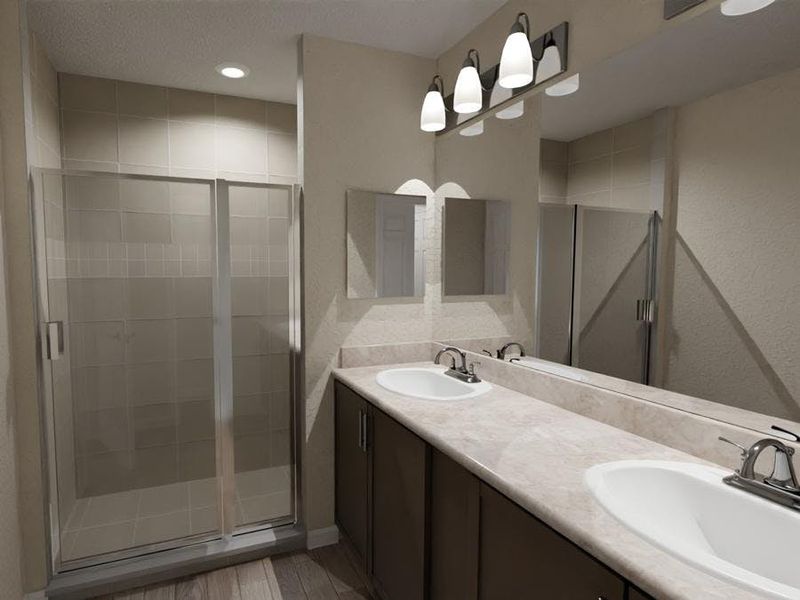 Ensuite owner`s bath with dual vanities and tiled shower. (Artist`s rendering of the Isla)