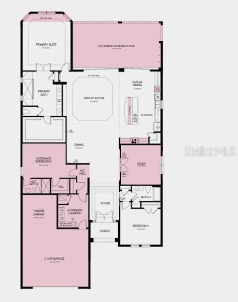 Additional Highlights Include: Tray ceiling at primary and great room, tandem garage, gourmet kitchen, 8' interior doors, covered extended lanai, bay window at primary, study in place of flex, outdoor kitchen rough-in, and whole house blinds.