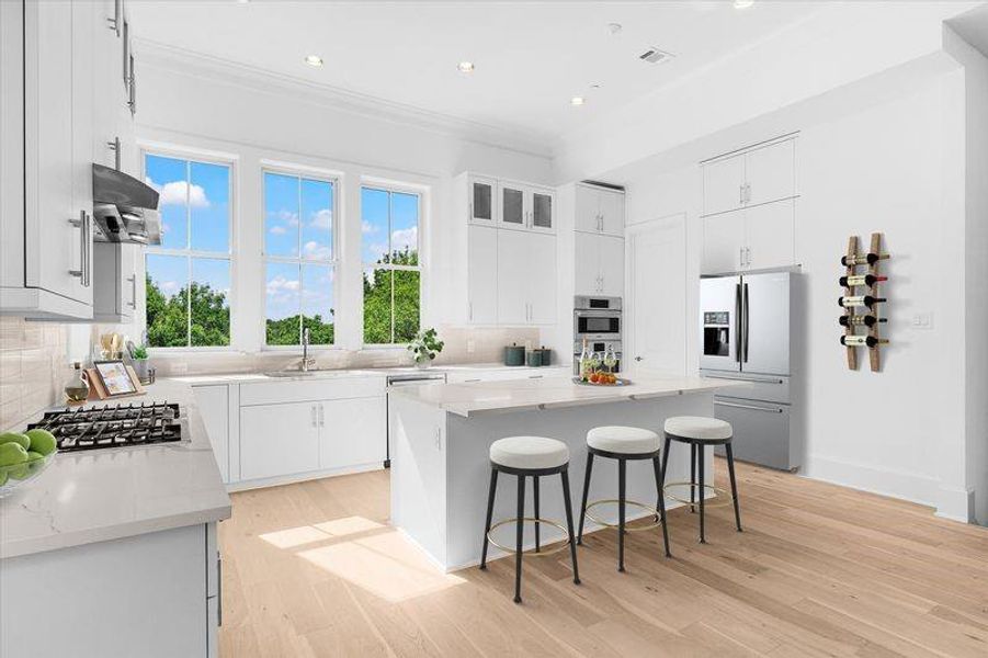 Kitchen featuring a kitchen bar, light stone counters, stainless steel appliances, a kitchen island, and recessed lighting