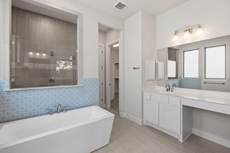 Primary Bath retreat with dual vanities, soaking tub & walk-in shower