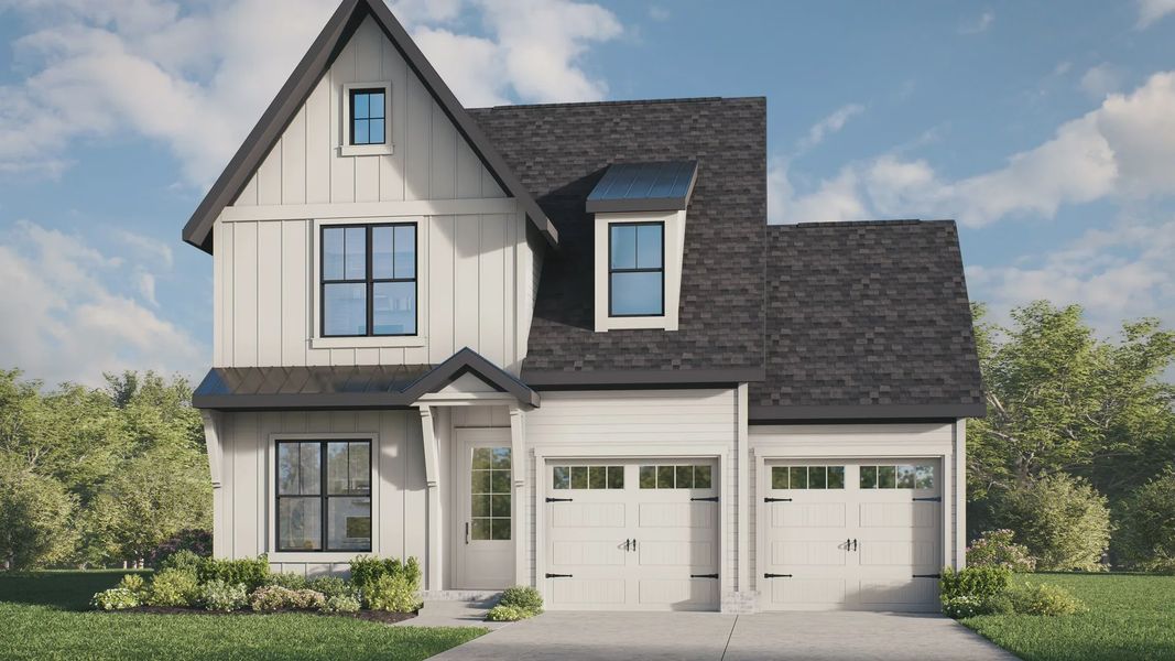 Elegant gabled roof and black trim accentuate this modern residence in Shelton Square.