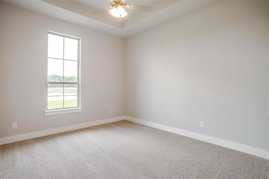 Empty room with carpet and ceiling fan