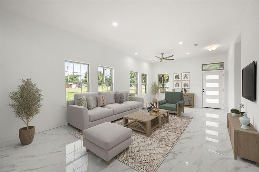 Living area with recessed lighting, light marble finish floors, and ceiling fan Living area with recessed lighting, light marble finish floors, and ceiling fan