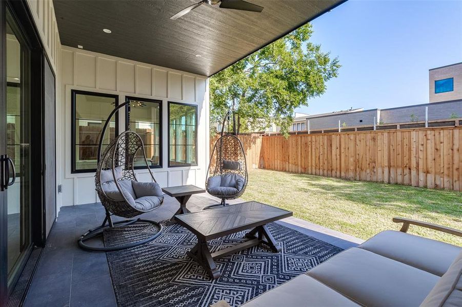 View of patio with ceiling fan