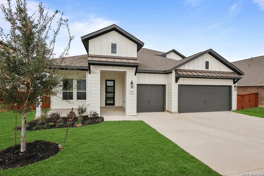 Front exterior of a new home in Homestead, Schertz, TX, highlighting curb appeal (Image 29).