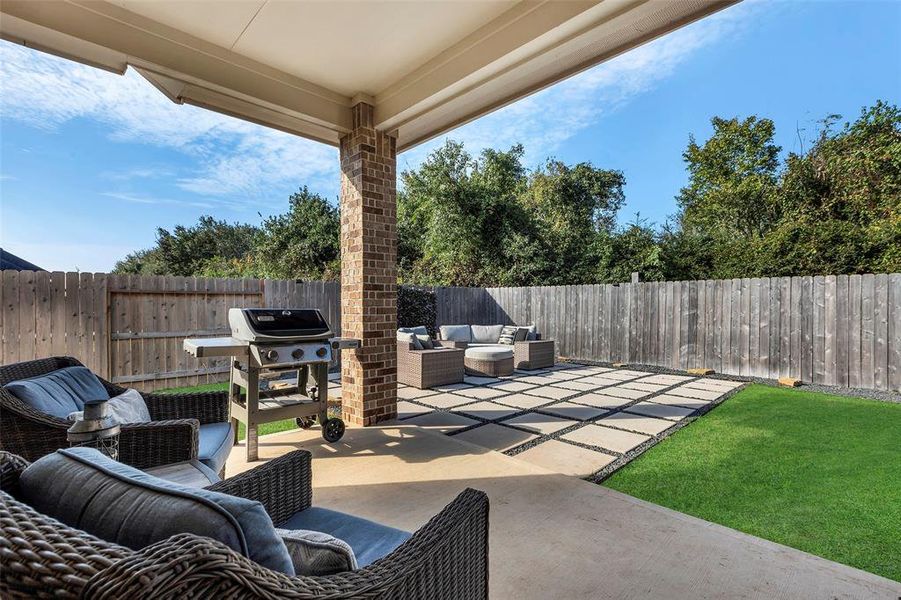 Fantastic backyard with covered patio and no back neighbors.