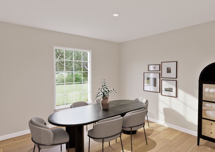 A serene dining room with a round black table, six gray chairs, a vase with flowers, and sunlight from a window. Wall displays framed art. Cozy and minimalist. A serene dining room with a round black table, six gray chairs, a vase with flowers, and sunlight from a window. Wall displays framed art. Cozy and minimalist.