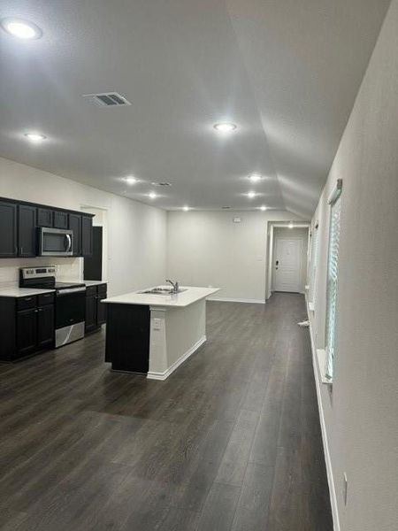 Kitchen featuring dark hardwood / wood-style floors, sink, range, lofted ceiling, and a center island with sink