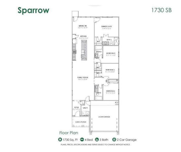 Explore the well-thought-out Sparrow floor plan, offering 1,730 sq. ft. of comfortable living space. This layout includes 4 bedrooms and 3 full baths, a spacious family room, and an inviting kitchen with a large island. The design ensures seamless flow and functionality, perfect for modern living. The primary suite on the second floor provides a private retreat, while the upstairs game room is ideal for entertainment. **This image is from another Saratoga Home with similar floor plan and finishes.