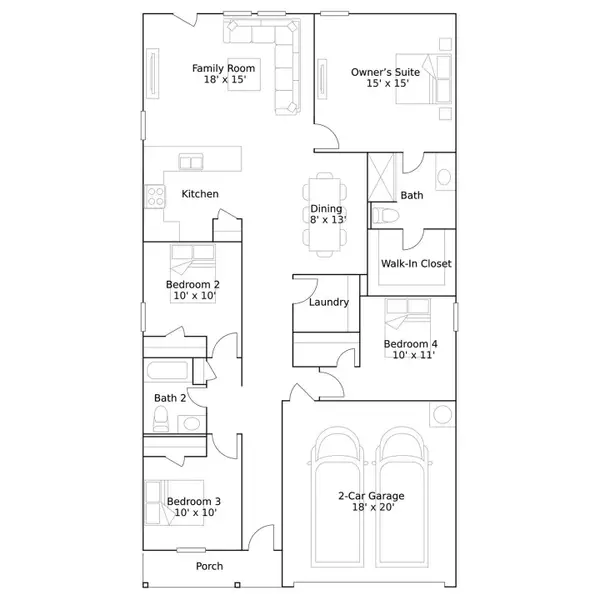 2D floor plan layout of this home in The Reserve at Huntsville, Huntsville, TX (Image 2).