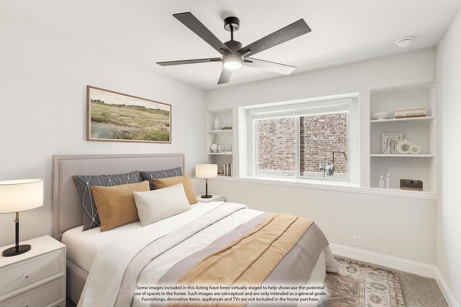 Bedroom with ceiling fan, built-in shelves flanking a window, and neutral bedding on a queen bed Bedroom with ceiling fan, built-in shelves flanking a window, and neutral bedding on a queen bed
